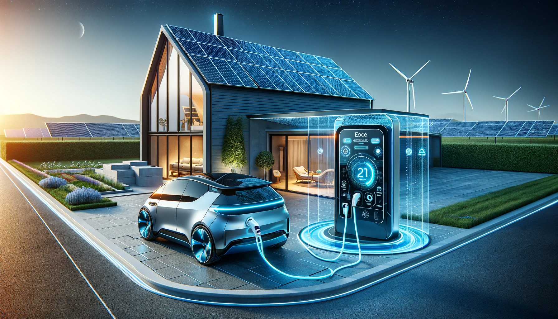 A futuristic image showing potential advancements in home EV charging, like integration with renewable energy and smart charging technologies.