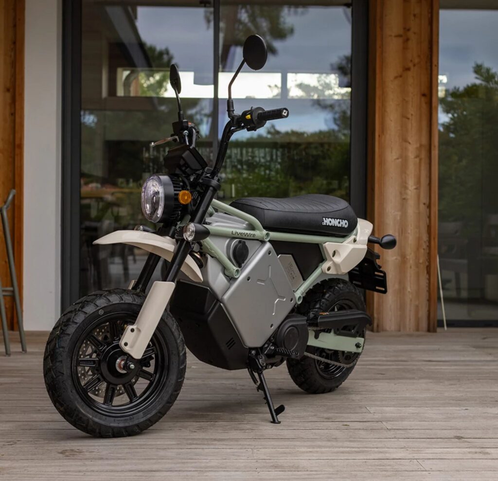LiveWire S4 Honcho Street electric mini moto on a decked terrace